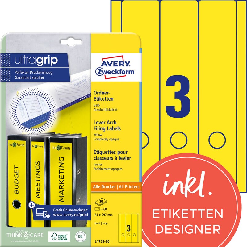 AVERY Zweckform Ordneretiketten L4755-20 gelb, 20 Blatt