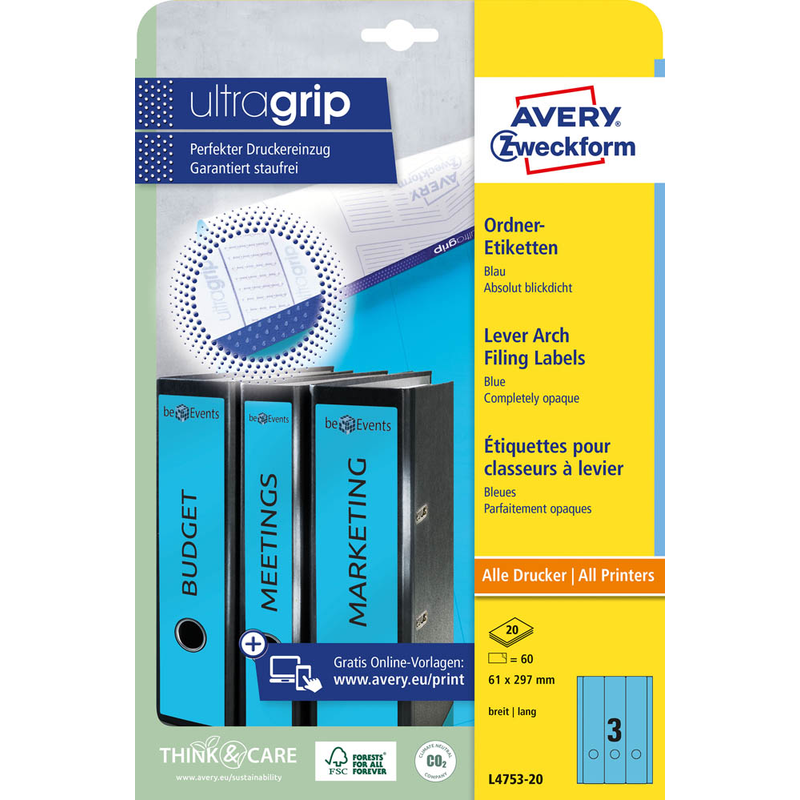 AVERY Zweckform Ordneretiketten L4753-20 blau, 20 Blatt