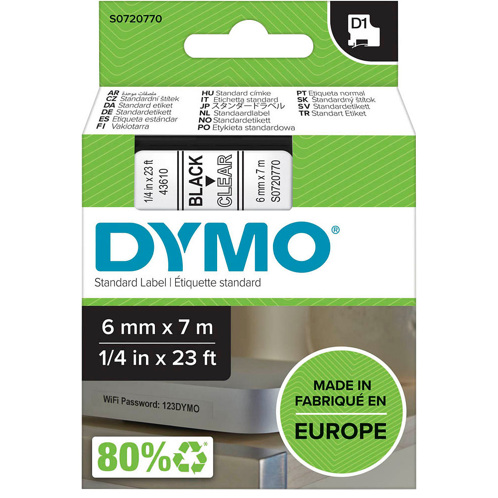 Dymo D1 43610 / S0720770 Schriftband 6mm Schwarz auf Transparent