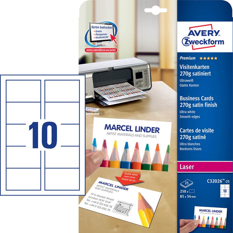 AVERY Zweckform Visitenkarten C32026-25 satiniert weiß 270 g/qm, 250 St.