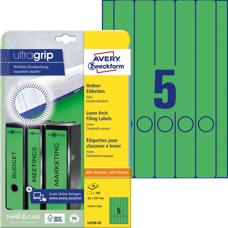 AVERY Zweckform Ordneretiketten L4750-20 grün, 20 Blatt