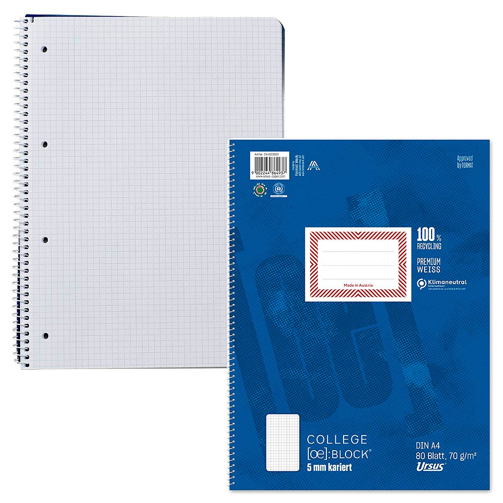 Ursus Collegeblock OE kariert Innenrand blau (80 Blatt)