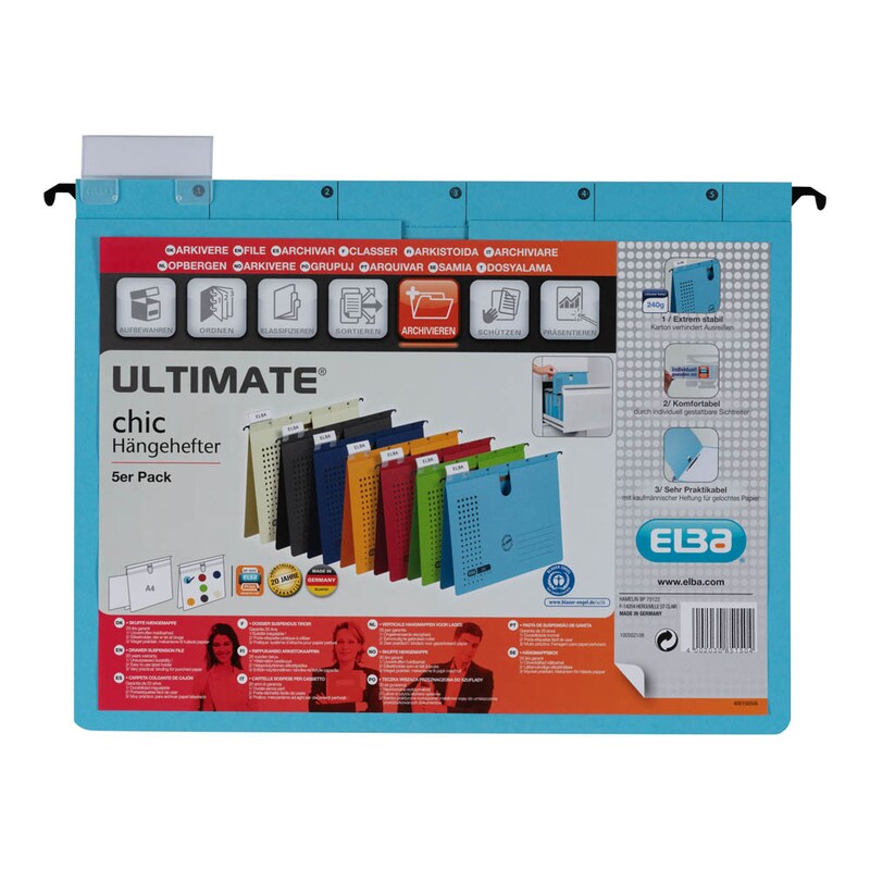 ELBA Hängehefter chic ULTIMATE Karton blau DIN A4 1x kaufmännische Heftung, 5 St.