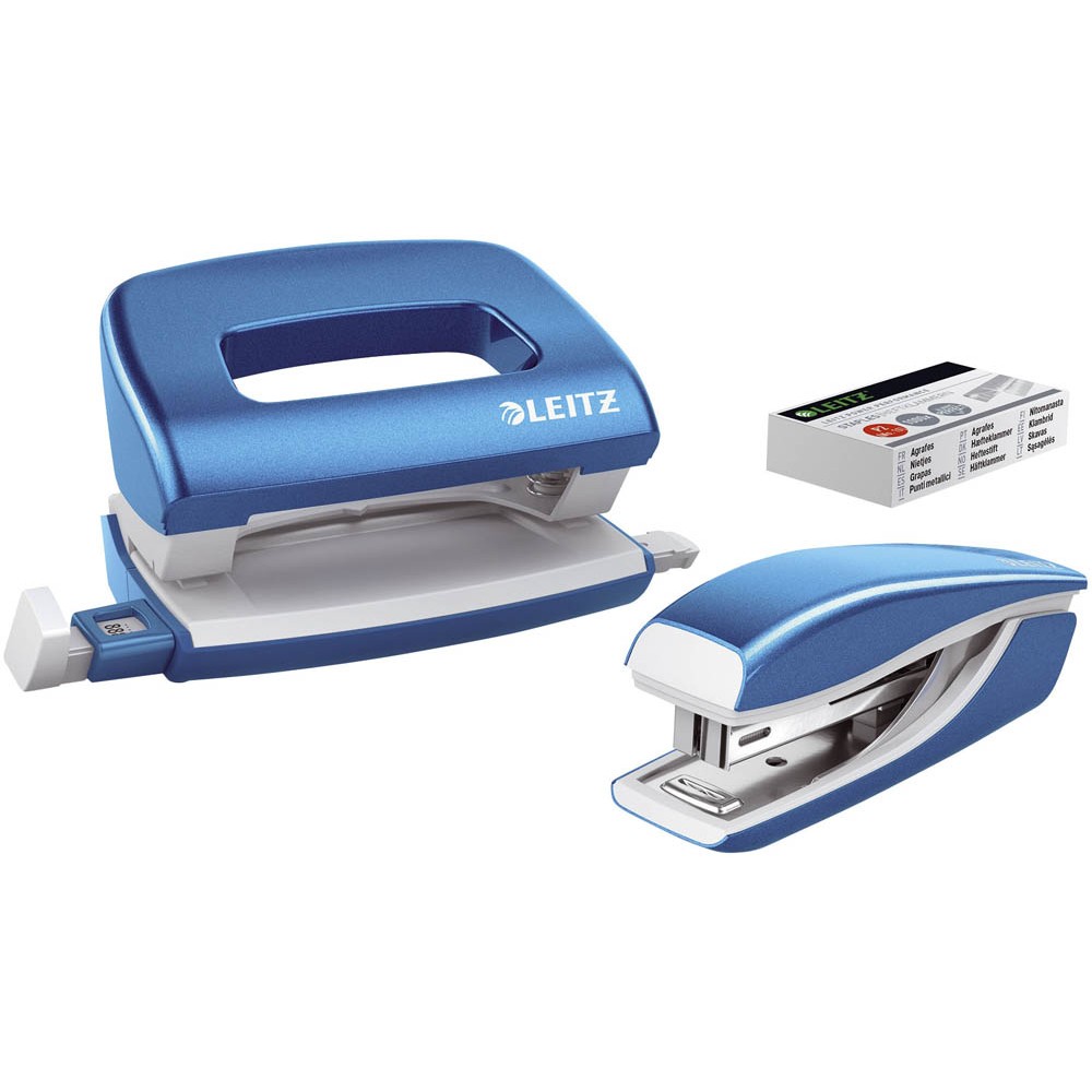 Leitz Locher und Heftgerät NeXXt WOW Set metallic-blau (3er Set)