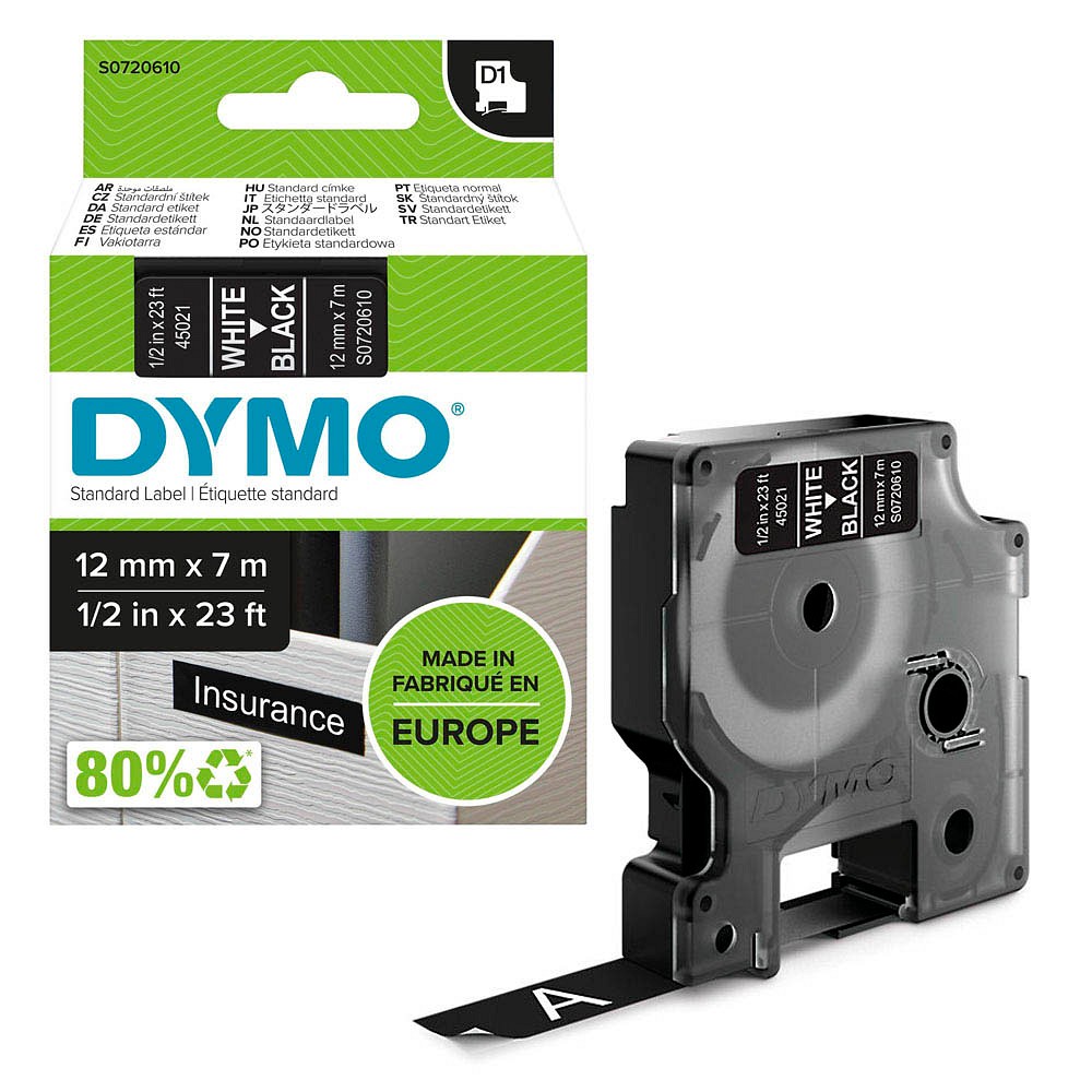 Dymo D1 S0720610 Schriftband 12mm Weiß auf Schwarz