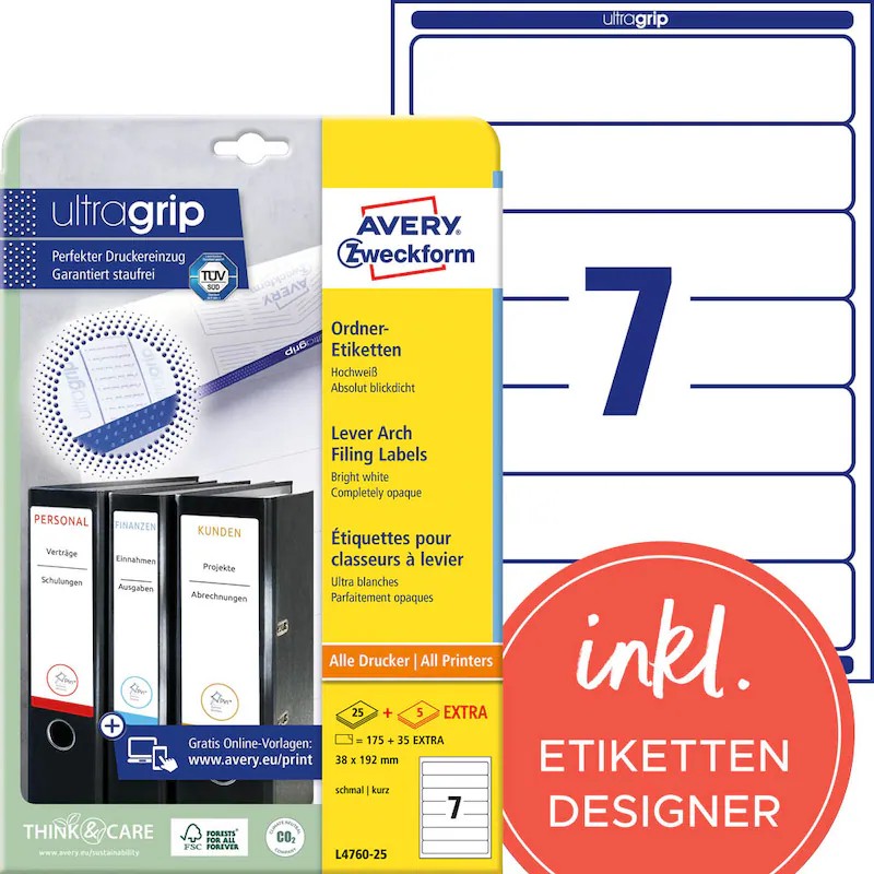 AVERY Zweckform Ordneretiketten L4760-25 weiß, 30 Blatt