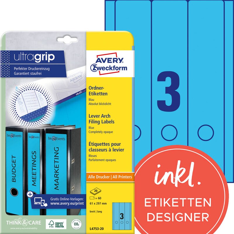AVERY Zweckform Ordneretiketten L4753-20 blau, 20 Blatt