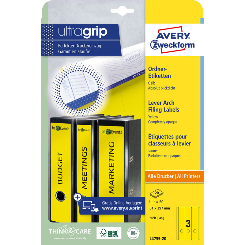 AVERY Zweckform Ordneretiketten L4755-20 gelb, 20 Blatt