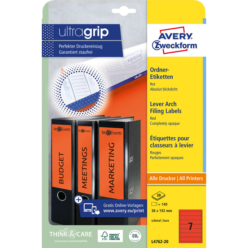 AVERY Zweckform Ordneretiketten L4762-20 rot, 20 Blatt