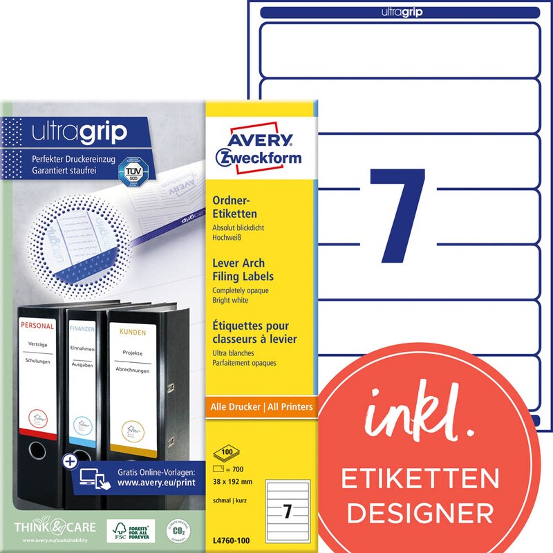 AVERY Zweckform Ordneretiketten L4760-100 weiß, 100 Blatt