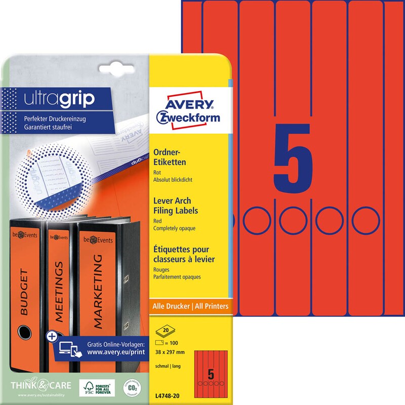AVERY Zweckform Ordneretiketten L4748-20 rot, 20 Blatt
