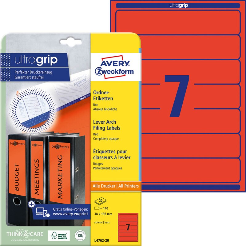 AVERY Zweckform Ordneretiketten L4762-20 rot, 20 Blatt