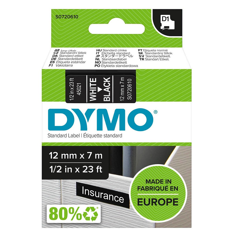 Dymo D1 S0720610 Schriftband 12mm Weiß auf Schwarz