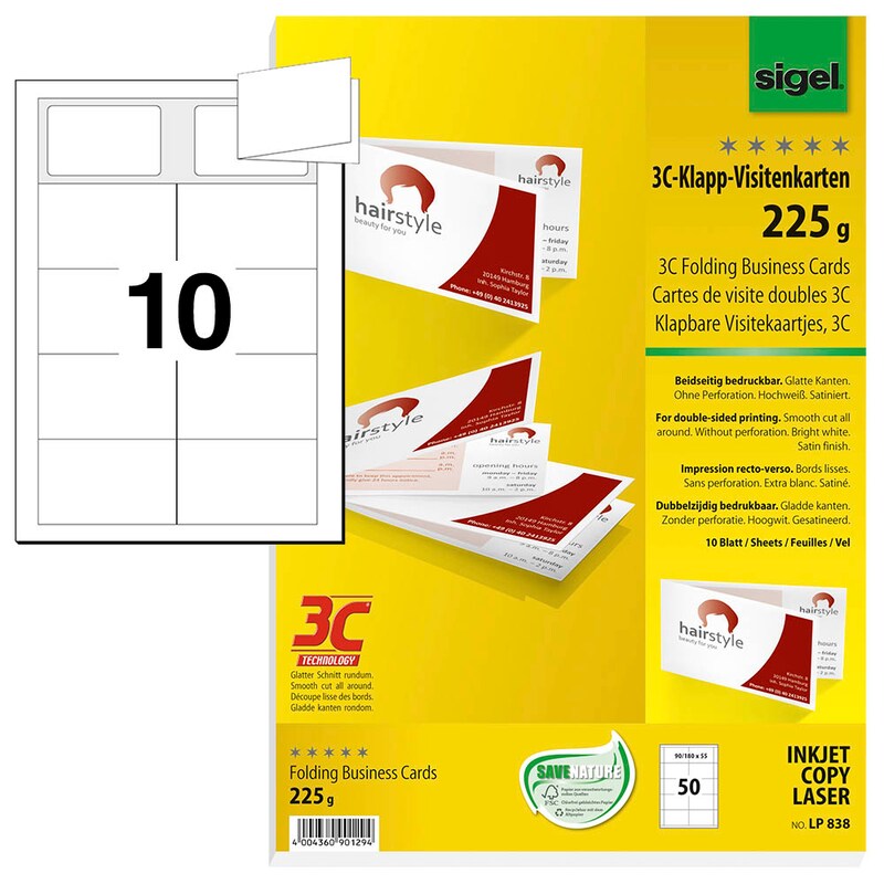 SIGEL Visitenkarten LP838 satiniert weiß 225 g/qm, 50 St.