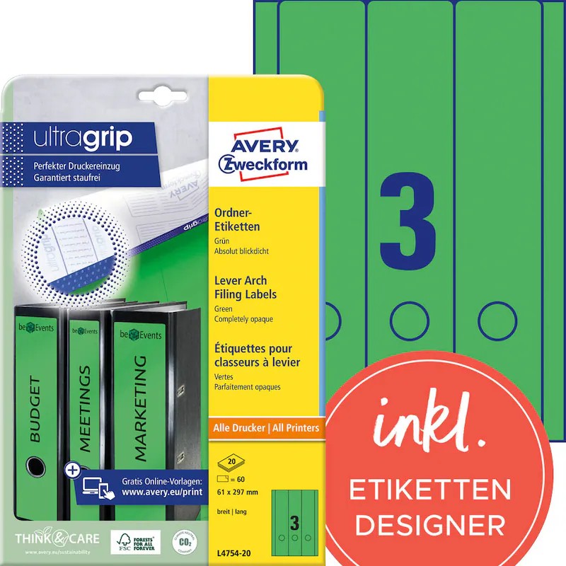 AVERY Zweckform Ordneretiketten L4754-20 grün, 20 Blatt