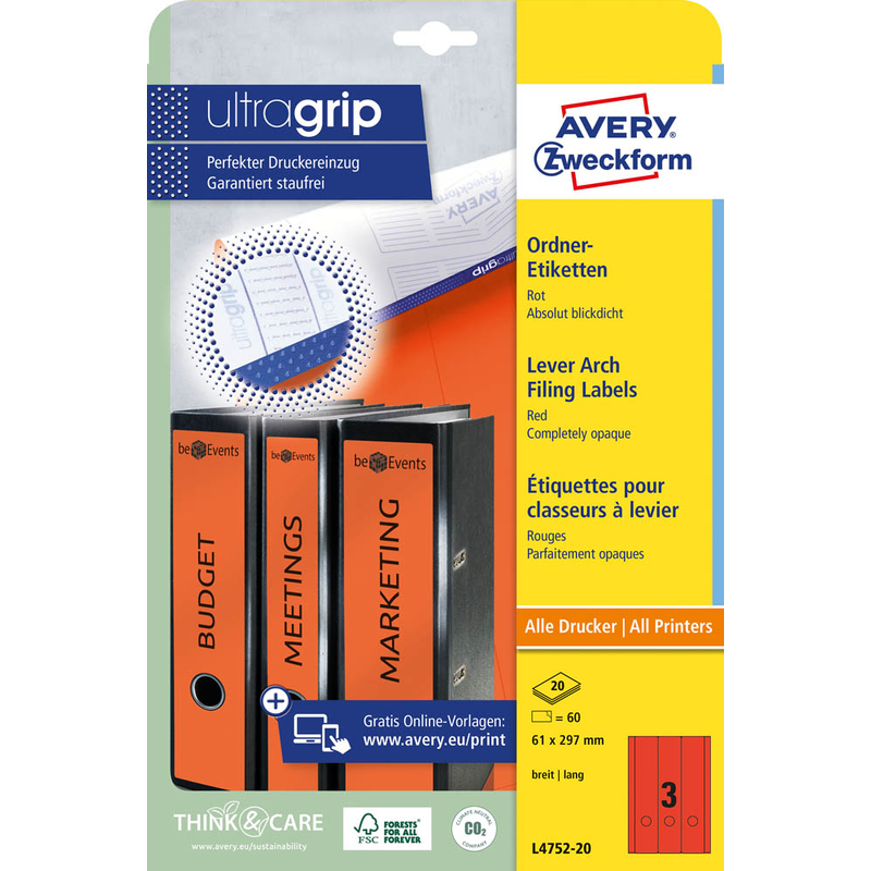 AVERY Zweckform Ordneretiketten L4752-20 rot, 20 Blatt