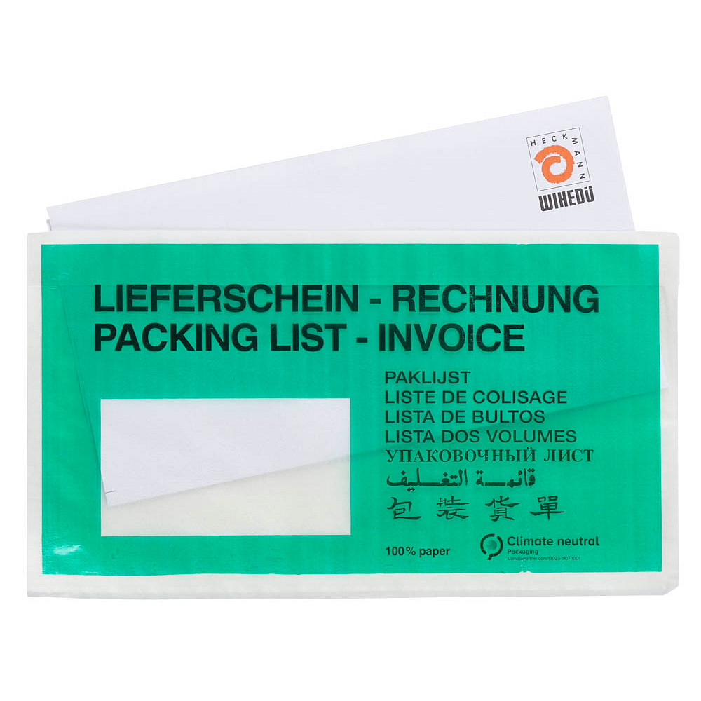 WIHEDÜ Lieferschein-/ Rechnungstasche DIN lang selbstklebend - 250 Stk.
