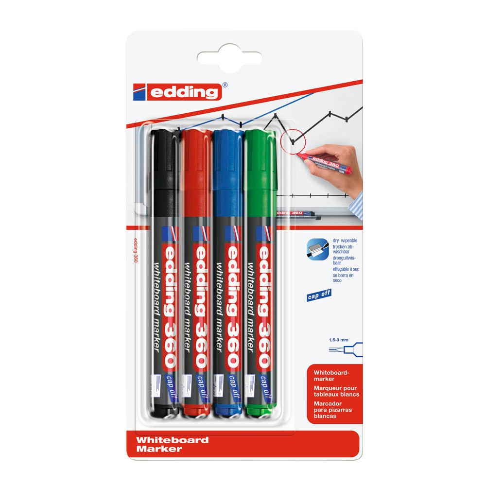 Edding 360 Whiteboardmarker Schwarz, Blau, Grün, Rot Rundspitze 1,5-3,0 mm (4er Set)