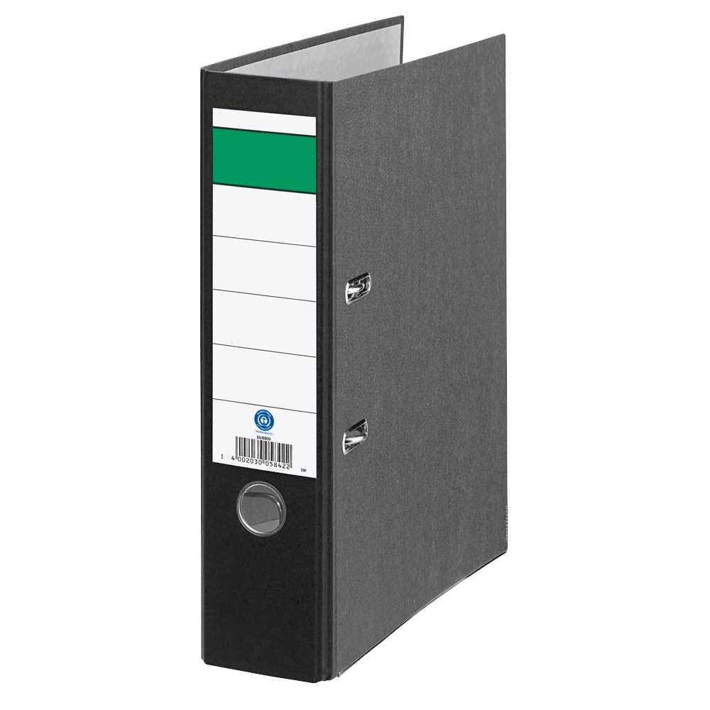 Ordner DIN A4 grüner Balken breit Rückenbreite 8,0 cm schwarz / wolkenmarmor