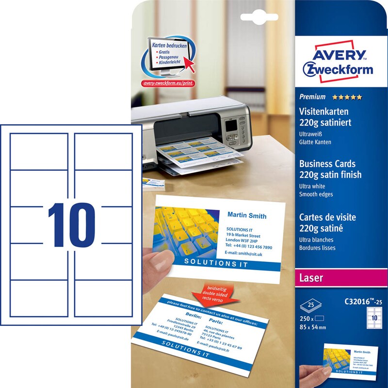AVERY Zweckform Visitenkarten C32016-25 satiniert weiß 220 g/qm, 250 St.