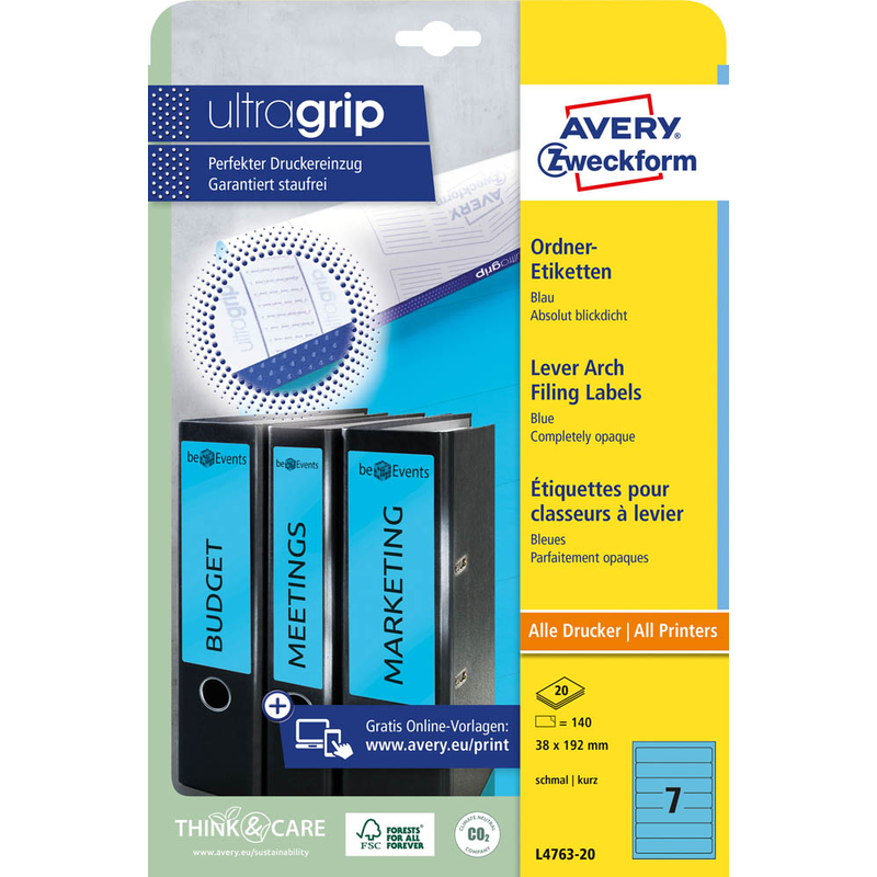 AVERY Zweckform Ordneretiketten L4763-20 blau, 20 Blatt