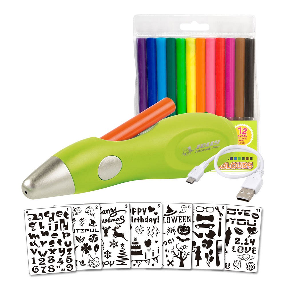 Jolly Kinder Airbrushset (1 Airbrushpen, 12 Farbstifte, 7 Schablonen, 1 USB-Ladekabel)