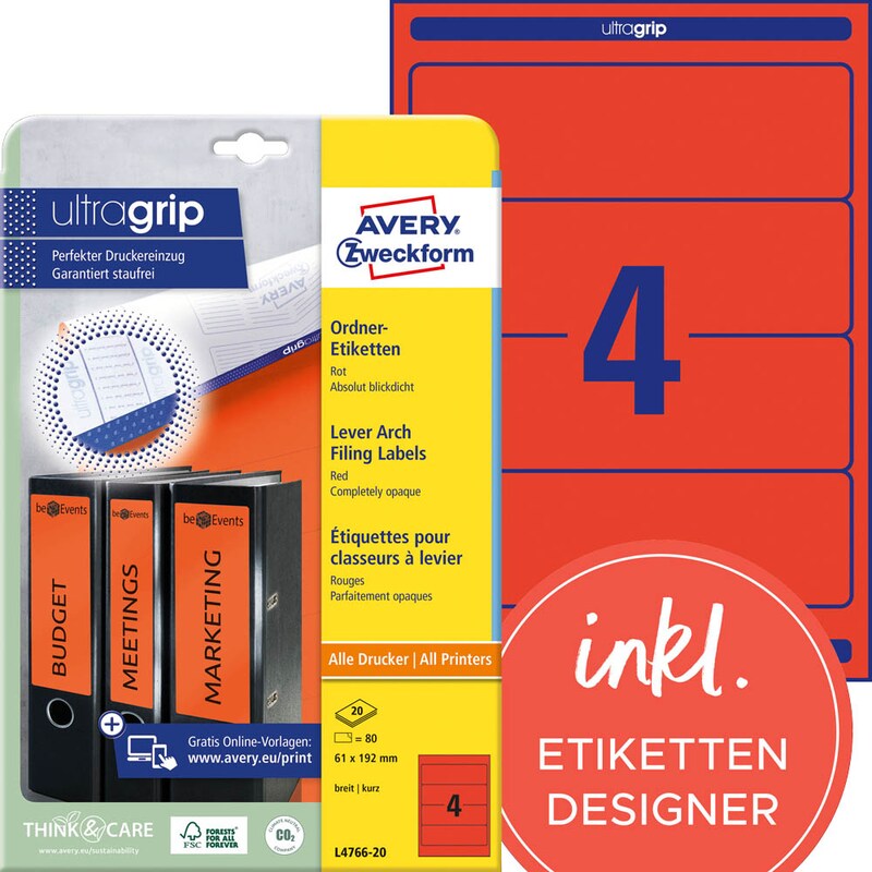 AVERY Zweckform Ordneretiketten L4766-20 rot, 20 Blatt