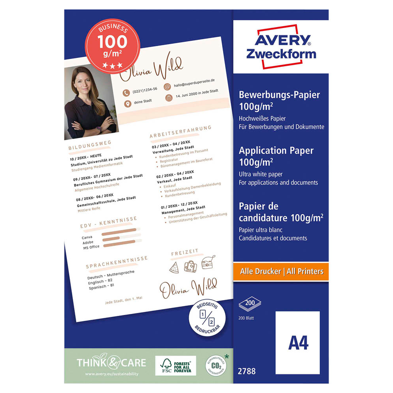 AVERY Zweckform Inkjetpapier InkJet Bewerbungspapier  DIN A4 100 g/qm 200 Blatt