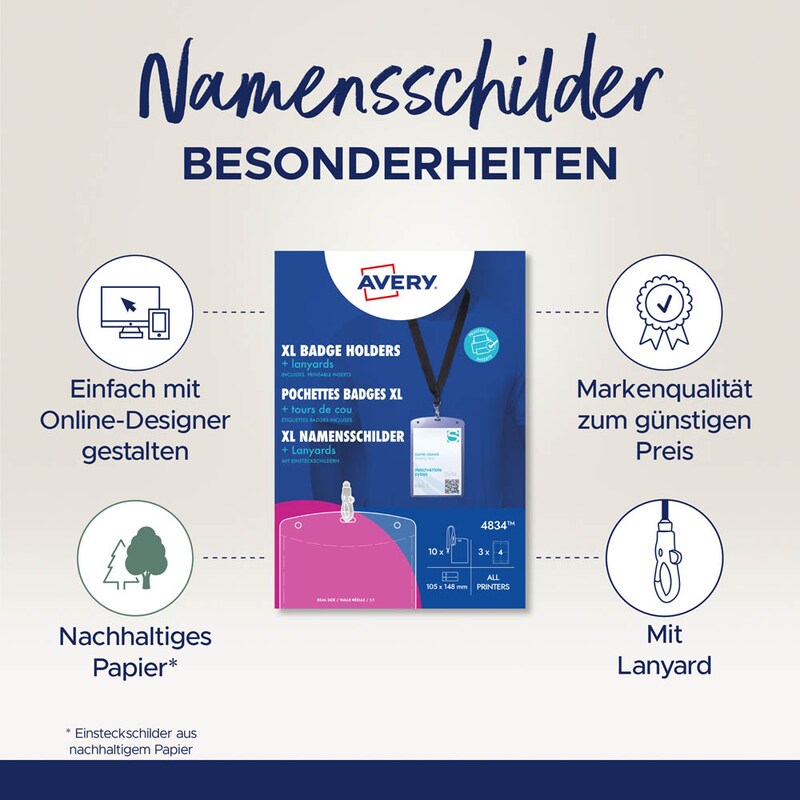 AVERY Zweckform Namensschilder mit Textilband 10,5 x 14,8 cm, 3 Blatt