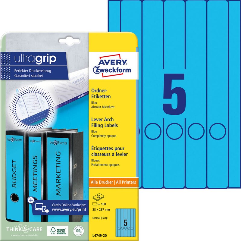 AVERY Zweckform Ordneretiketten L4749-20 blau, 20 Blatt