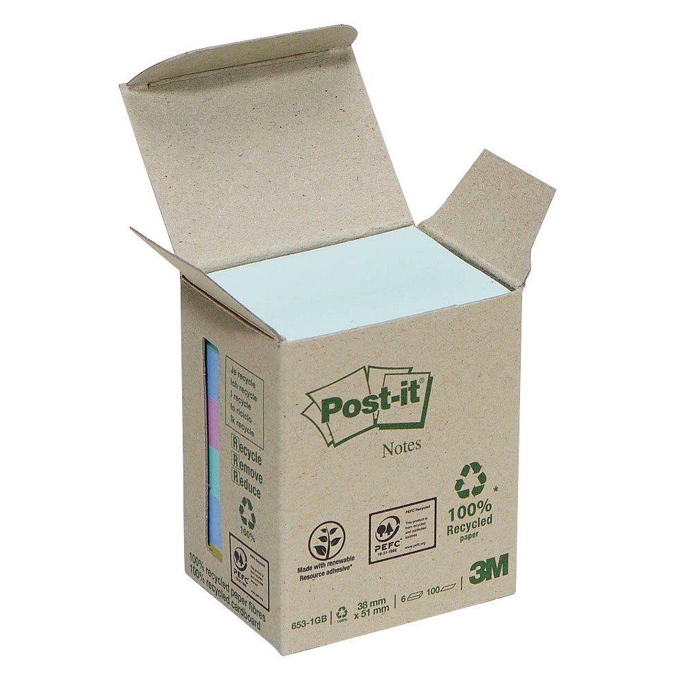 Post-it 653-1GB Recycling Notes Rainbow Haftnotizen (6 Blöcke a 100 Blatt)